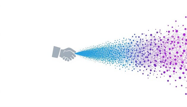 Conceptual hand spraying digital pixels transforming into abstract purple particle dispersion with dispersion transformation abstract particles technology creative illustration dissolve