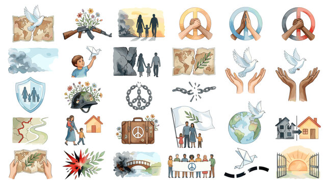 Watercolor climate migration vector set with maps, homes, hands, peace signs, landscapes, waves, people and displacement journey symbols on white background