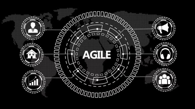 Dynamic agile methodology hud interface with global business network and digital map background, for corporate project, management, software development, and strategic digital transformation
