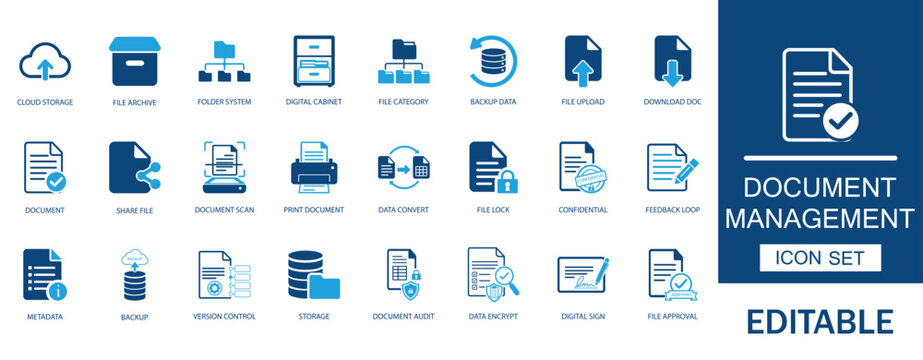 Document management and cloud storage icon set. Featuring digital file transfer, confidential data security lock, paperless database system, and audit symbols.