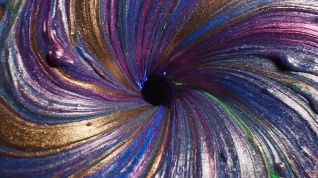Mesmerizing close up spiral vortex of colorful metallic paint swirling with a deep black hole illusion