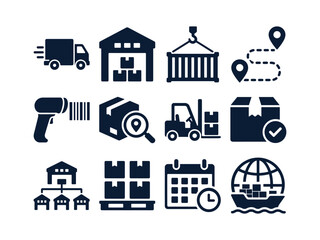 Fototapeta premium Bold Supply Chain Logistics Icon Set with Delivery Truck Warehouse Shipping Container Route Map Barcode Scanner Package Tracking Forklift Delivered Package Distribution Center Pallet Stack Delivery