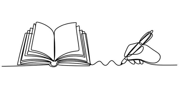 Drawing of hand writing with fountain pen and open book