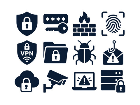 Bold Cybersecurity Icon Set with Security Shield Password Key Firewall Fingerprint Scan VPN Shield Locked Folder Malware Bug Phishing Email Locked Cloud CCTV Camera Hacked Laptop and Secure Server
