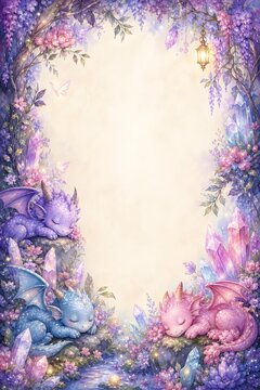 Cute Sleeping Baby Dragons with Magic Crystals and Purple Wisteria Vines for Kids Fantasy Storybook, Birthday Invitation, and Nursery Wall Art