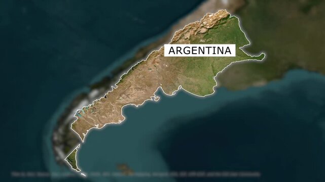 Argentina country border map zoom in with satellite terrain background loop