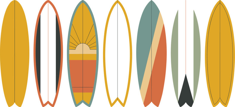 Retro Surfboard Vector Icon Set with Vintage Hawaiian Graphic Patterns for Summer Beach Party Invitations, Surf Shop Branding, and Apparel Designs