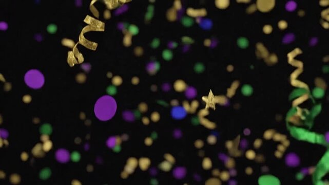Colorful streamers and confetti fall against a dark background for a celebration