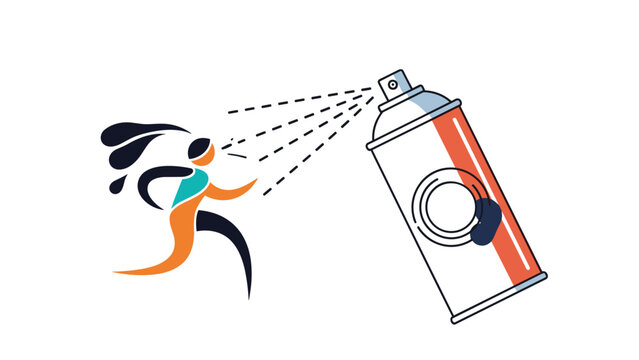 Abstract illustration of a person running away from a large aerosol spray can symbolizing protection or avoidance.