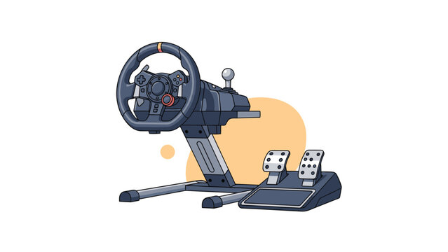 Gaming racing wheel controller setup with steering wheel gear shifter and foot pedals for driving simulations.