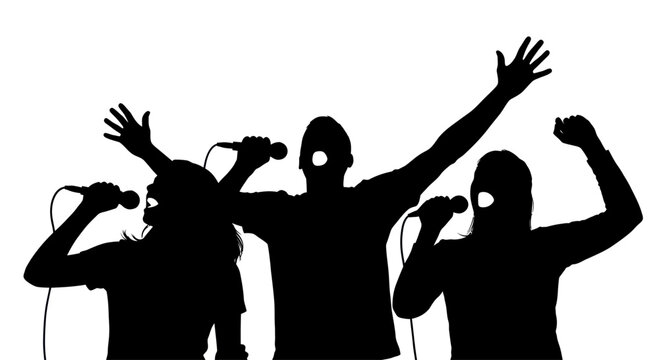 Silhouette of three singers performing with microphones, energetic performance