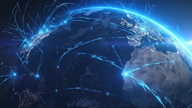 A glowing digital network connects the planet with bright data lines in deep space