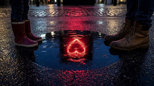 Feet in rain boots standing on wet street with red traffic light reflection
