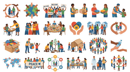 Obraz premium Colorful community peace vector set with diverse people, teamwork, volunteering, garden, welcome sign, hands, friendship and social care scenes