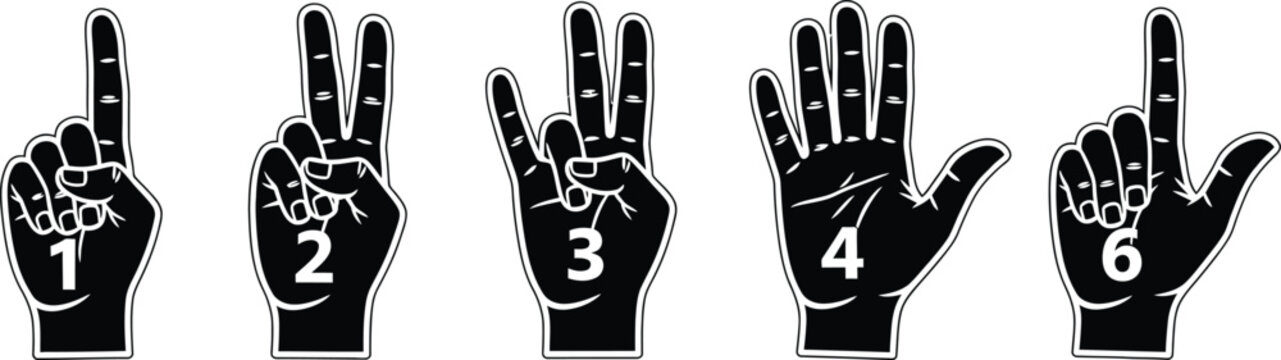 Fingers count from one to five and six on foam hands for promotional purposes.