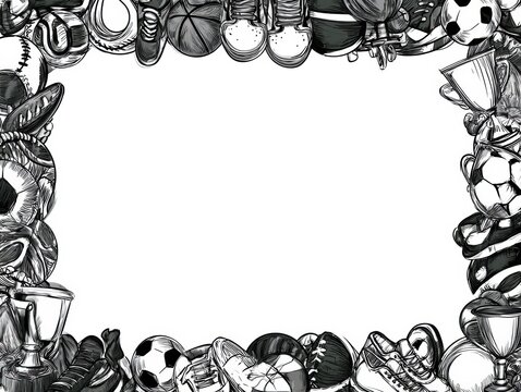 Doodle border frame showcases various sports equipment around a blank center space, including balls, sneakers, and trophies in a black marker style.