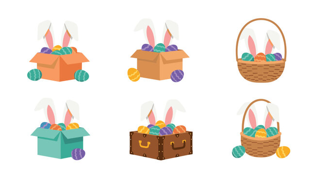 Joyful easter collection featuring cute bunny ears popping out of various baskets and boxes filled with colorful decorated eggs for kids.