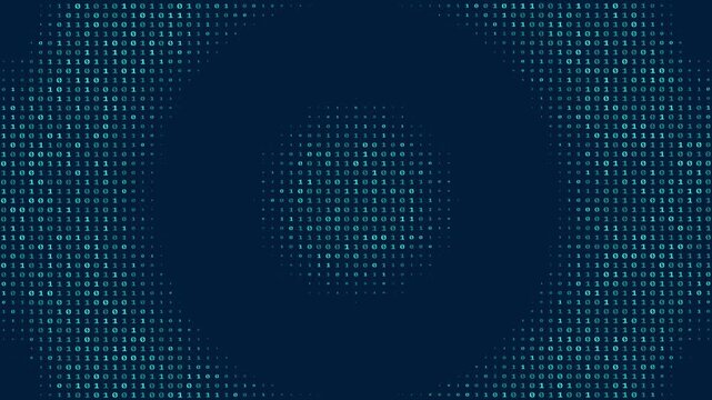 Abstract binary code digital matrix with glowing cyan and dark blue data numbers in circular halftone lighting 4k video