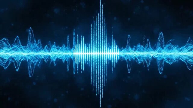 A glowing blue digital sound wave visualization on a dark background