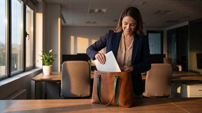 Businesswoman packs her laptop into a professional leather bag at the end of a productive workday in a quiet modern office space.