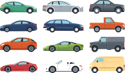 Fototapeta premium Modern City Car Vector Vehicle Set with Sedan Hatchback Pickup Truck Coupe Convertible Sports Car and Delivery Van Models for Traffic Transportation Designs
