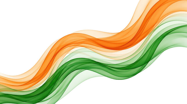 Abstract tricolor wave background, flowing orange and green smoke lines on white, Indian national flag colors for Republic Day and Independence Day