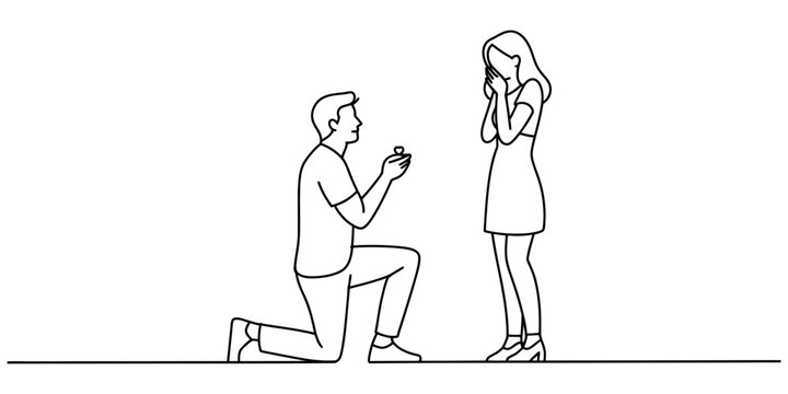 Man Proposing to Surprised Woman in Minimalist Line Art Style