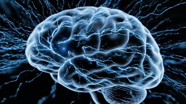 A glowing blue brain with electric-like pathways on a dark background