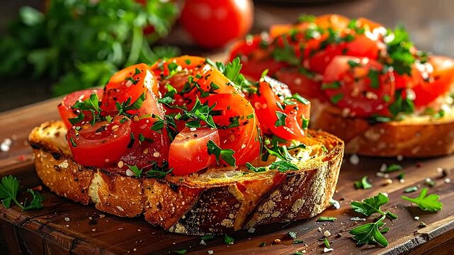 Fresh tomato bruschetta served on a rustic wooden cutting board for a healthy snack