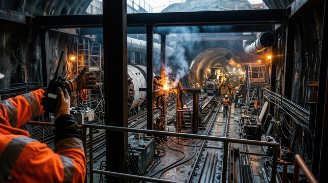Constructing The Infrastructure: Workers Inside A Tunnel, Welding And Communication