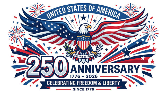 US America 250th Anniversary Logo Vector with Eagle and Celebrating Freedom Ribbon