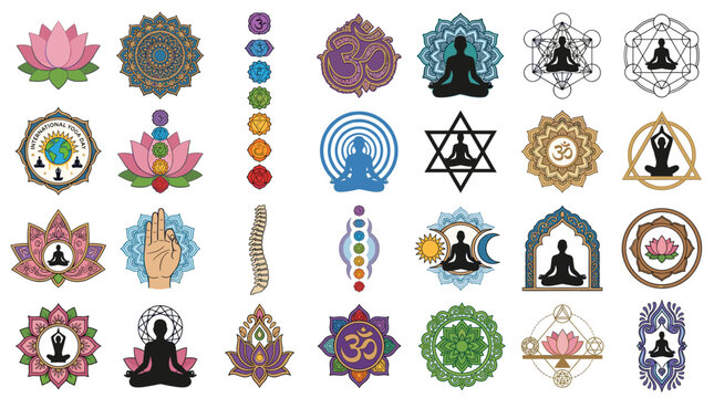Colorful chakra and mandala vector set with lotus flowers, Om signs, meditating figures, hamsa, yin yang and spiritual wellness symbols