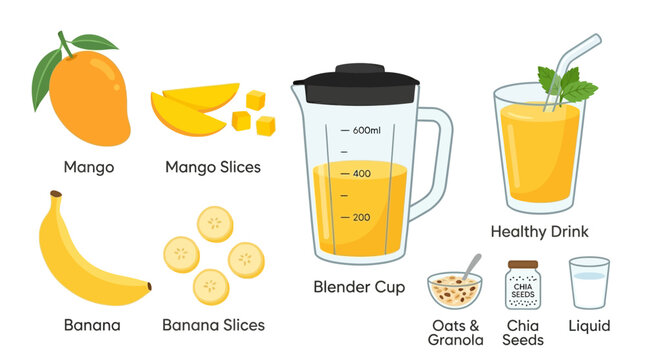 Fresh fruits and blended drink ingredients on a kitchen countertop with blender