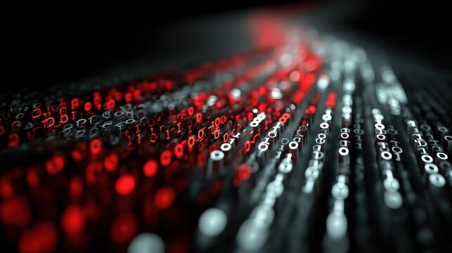 Flowing binary code stream, digital cybersecurity background 