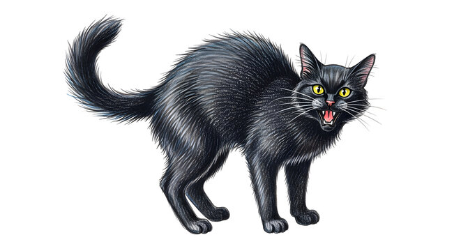 Angry black cat with arched back and yellow eyes on white background