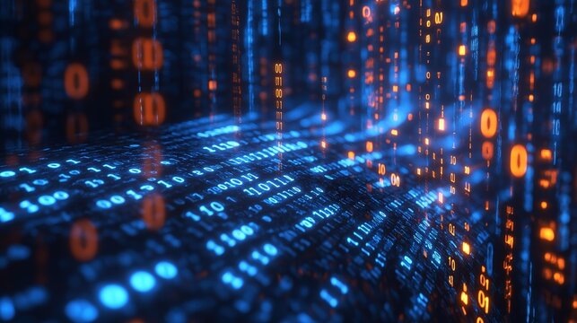 Flowing binary code stream, digital cybersecurity background 