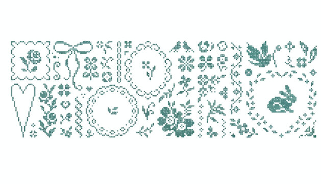 Folk art embroidery vector motifs set with rabbit, birds, hearts, frames, and floral borders