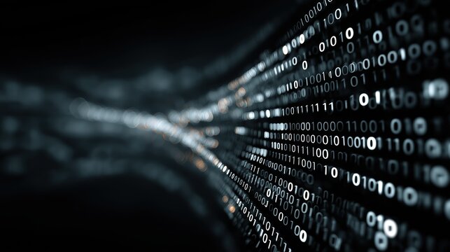 Flowing binary code stream, digital cybersecurity background 