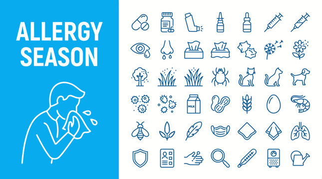 Allergy Season concept: illustrated person sneezing with a grid of allergy-related icons (pollen, tissues, medications, sprays, symptoms) on a blue background