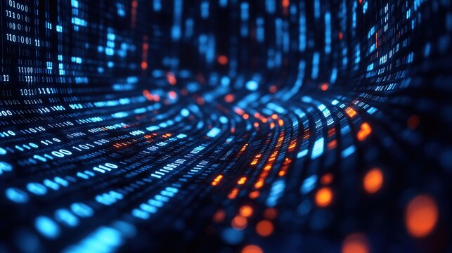 Flowing binary code stream, digital cybersecurity background 