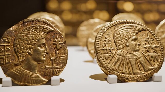Ancient Gold Coins Displayed in Museum Collection.