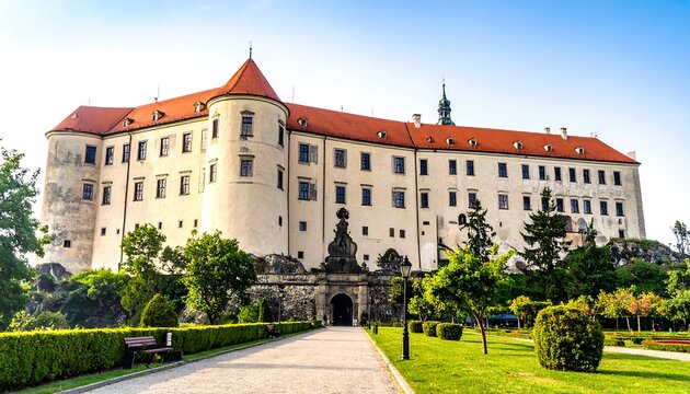 Large cream-colored building with a red-tiled roof and a prominent round tower; a formal garden with greenery