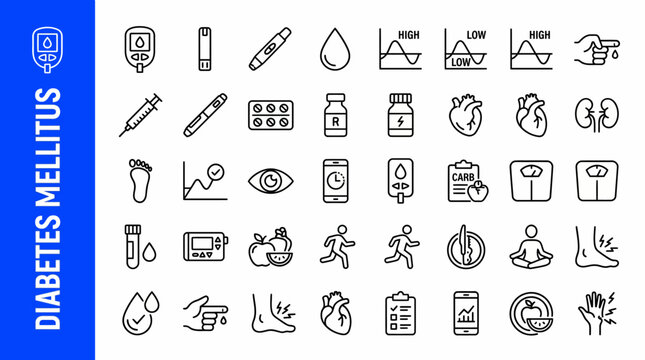 Diabetes Mellitus Icon Set for Health Education and Medical Design: insulin pens, syringes, glucose meters, test strips, diet and exercise tools, and daily management essentials in line art