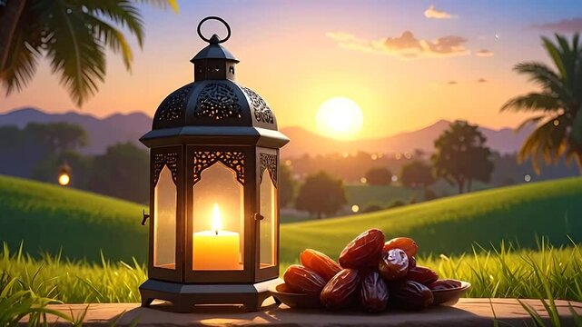 A decorative metal lantern glows beside a plate of dried fruit at sunset