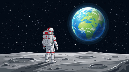 Lone astronaut on the Moon's barren surface with Earth visible in a starry outer space backdrop