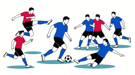 Obraz premium Dynamic soccer match illustration showing diverse players in blue and red uniforms competing for the ball
