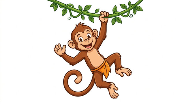 Playful cartoon monkey happily swinging on a vibrant jungle vine, exuding joy and adventure in a cheerful scene, perfect for children's content