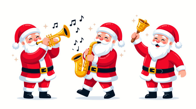 Three cheerful Santa Clauses playing brass instruments and dancing in a festive Christmas scene