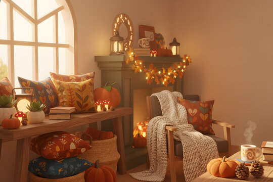 Cozy autumn home - energetic 3D render background