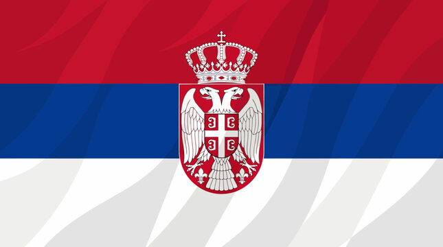 Serbian national flag with the central coat of arms on red, blue and white horizontal stripes.